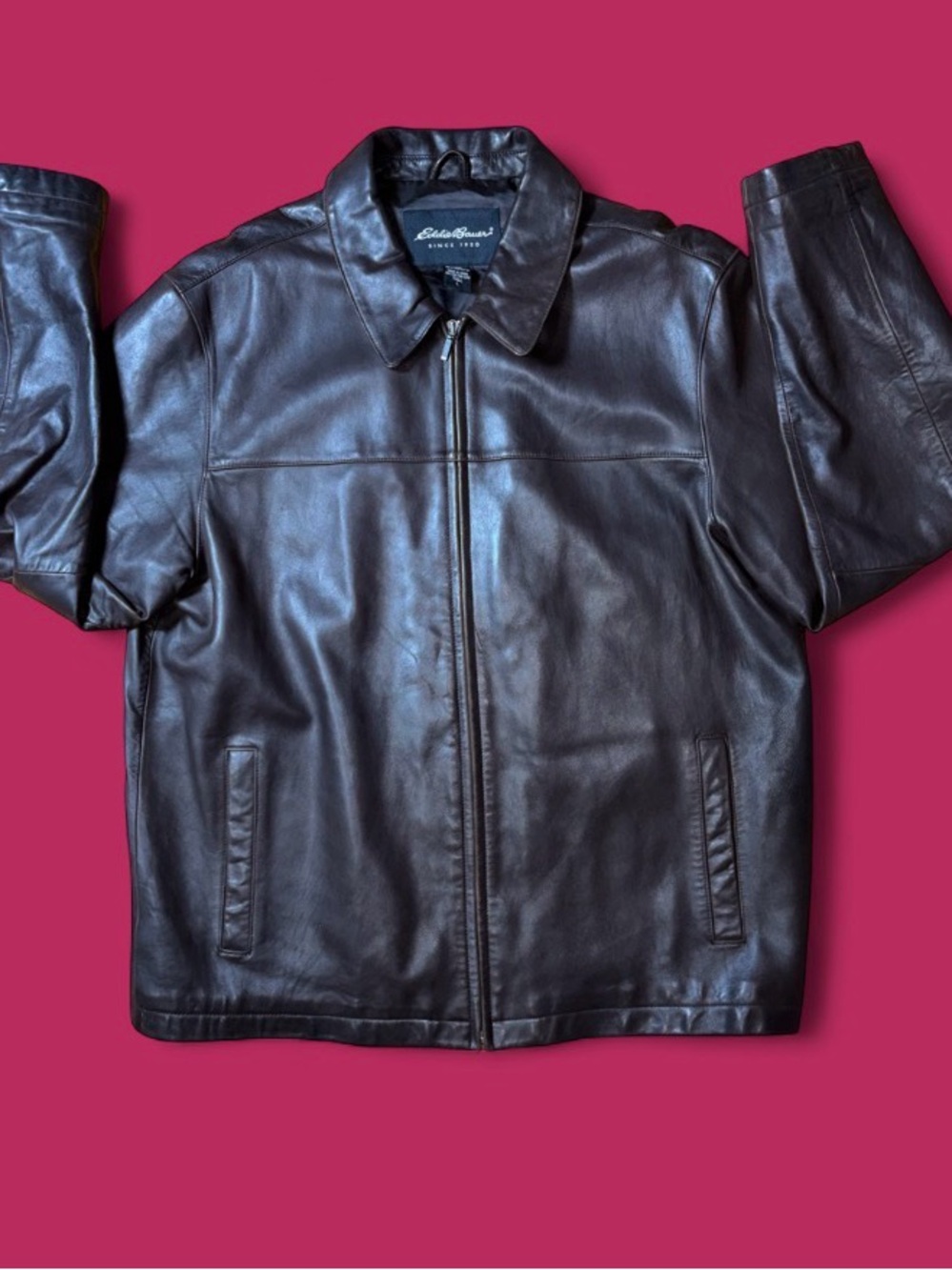 Eddie Bauer Dark Brown Leather Zip-Front Bomber Jacket